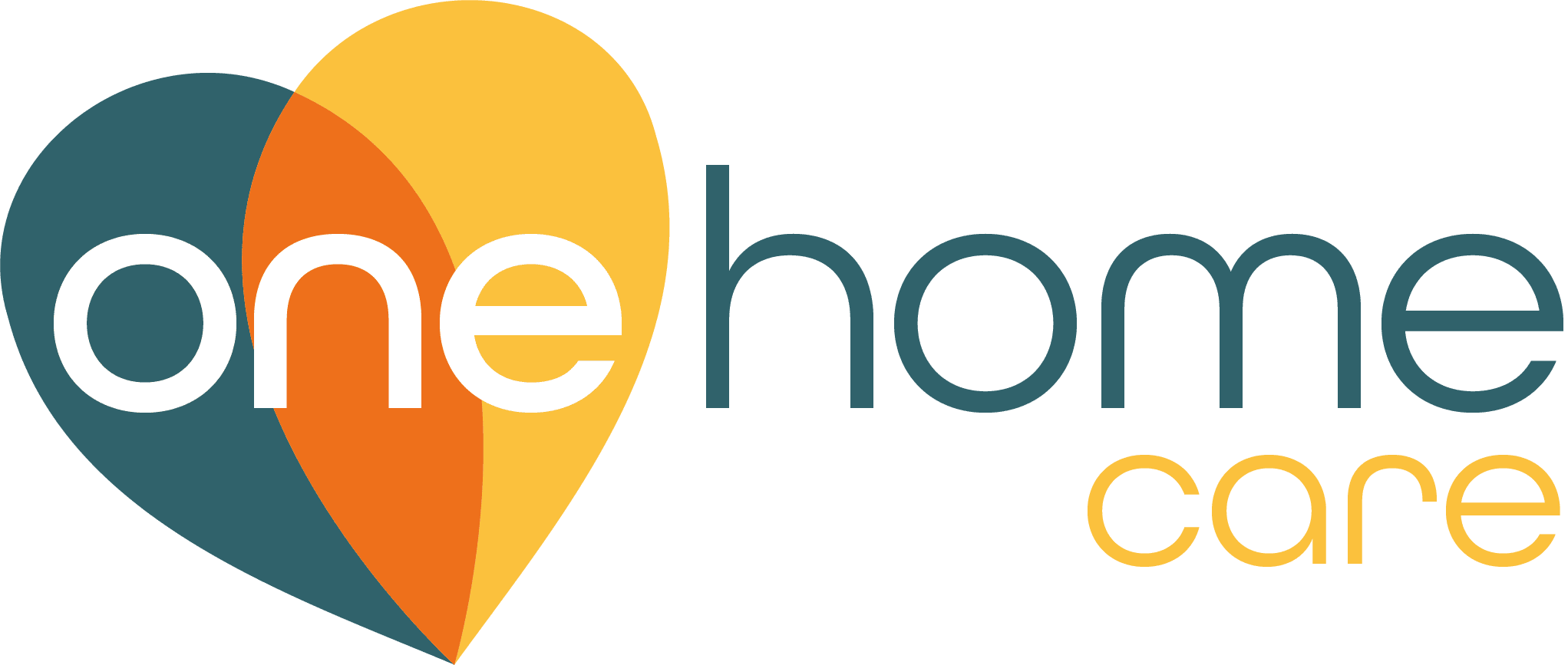 Logo of "one home care" with overlapping heart shapes in dark blue, orange, and yellow behind the text.